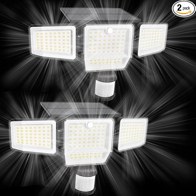 6000LM Solar Lights Outdoor, 4 Heads Motion Sensor Outdoor Lights, Solar Flood Lights for Yard House Outside Garage, IP65 Waterproof, 3 Modes, Easy Install, 2 Pack