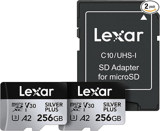Lexar 256GB (2-Pack) Professional Silver Plus Micro SD Card, UHS-I, C10, U3, V30, Full HD & 4K, Up to 205/150 MB/s microSDXC Memory Card, for Videographers, Gamers (LMSSIPL256G-B2ANU)