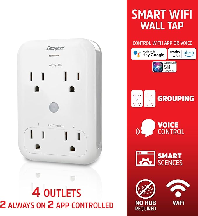 Energizer Smart Wi-Fi Indoor Camera 2-Pack with Smart Wall Tap Outlets, 1080P, Cloud/Micro-SD Card Recording, 2-Way Audio, Night Vision, Remote Access, Motion Alerts, Activity Zones, 2.4GHz Wi-Fi