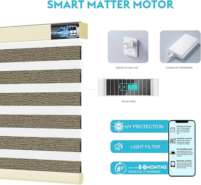 Motorized Zebra Blinds with Remote, Work with HomeKit Alexa, Smart Light Filtering Horizontal Automatic Electric Window Shades for Home Office Customsize（90% Blackout Brown）