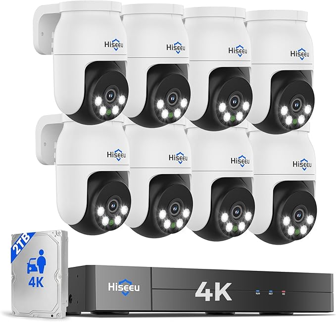 Hiseeu 4K PTZ Wired Security Camera System with 8 x 8MP IP67 CCTV Cameras,8MP DVR,360° Coverage,Smart Color Night Vision,Audio,Person/Vehicle Detection,2TB HDD for 24/7 Recording,Surveillance DVR Kit