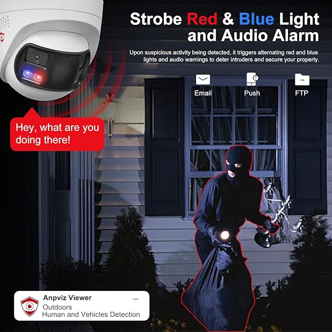 Anpviz 4k 8MP Wired Dual Lens PoE IP Camera, 180° Panoramic Security Camera Outdoor with Strobe Red & Blue Light and Audio Alarm, Smart Dual Light, Human/Vehicle Detection, 2 Way Audio, IP67(H Series)