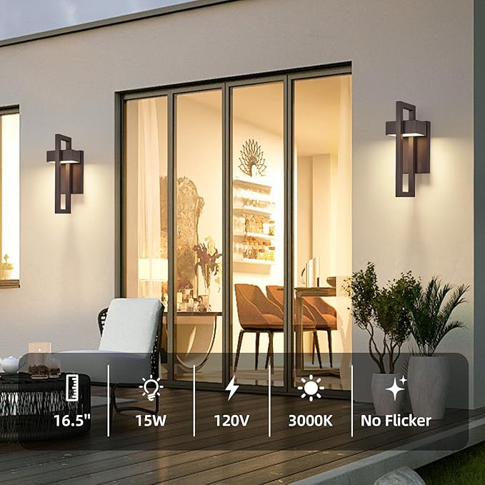tewei 16.5'' Modern LED Outdoor Wall Sconce, Integrated LED Outdoor Light Fixtures Wall Mount Exterior Lights, Brown Front Porch Outside Lighting for House, Backyard, Warm White 3000K, 2 Pack