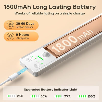 10.5 Inch Under Cabinet Lighting, 6 Color Temps Motion Sensor Light Indoor, LED Power Display Rechargeable Battery Operated Closet Light, Magnetic Dimmable Under Counter Lights for Kitchen-2 Pack