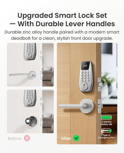 DESLOC C100 Plus Built-in WiFi Smart Lock with Handle Set, Built-in WiFi Keyless Entry Door Lock with Display, Keypad Deadbolt & Matching Lever Handle for Front Door, App Remote Control - Silver