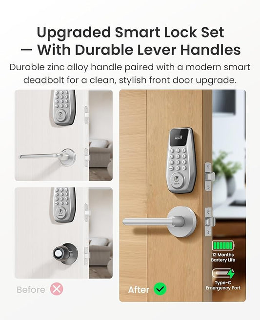 DESLOC C100 Plus Built-in WiFi Smart Lock with Handle Set, Built-in WiFi Keyless Entry Door Lock with Display, Keypad Deadbolt & Matching Lever Handle for Front Door, App Remote Control - Silver