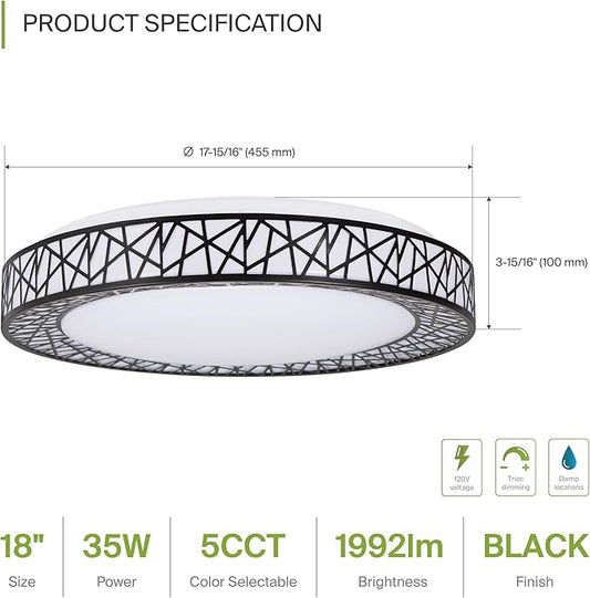 ASD 18 Inch LED Flush Mount Ceiling Light Fixture for Bedroom, 35W 1992LM 5CCT 2700K-5000K, Triac Dimmable Lights, Dining, Living Room, Kitchen Lamps, Modern Home Lighting Fixtures, Black, ETL, 2 Pack