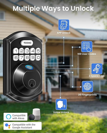 TEEHO TE012W-H WiFi Keypad Door Lock with Handle Set, Fingerprint Smart Locks, Front Door Keyless Entry, APP Remote & Voice Control, Digital Deadbolt with 2 Keys, Auto-Lock, Easy Install, Matte Black