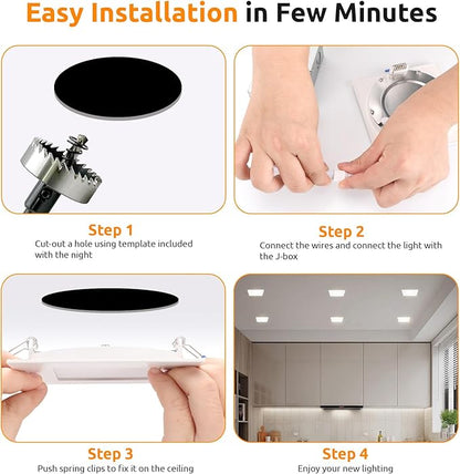 HONZIN Square LED Recessed Lighting 4 Inch, 5CCT Ultra Thin Led Recessed Ceiling Lights 1 Pack, Selectable 2700K/3000K/3500K/4000K/5000K, 9W, IC Rated, Dimmable Square White Trim with Junction Box