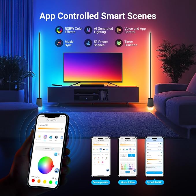 NEEWER NF06 RGB IC CW Smart Floor Lamp, 1500lm LED Standing Corner Light Compatible with Google and Alexa, APP/AI Design/Music Sync/16 Million Color Ambient Lighting, Living Room Bedroom Home Decor
