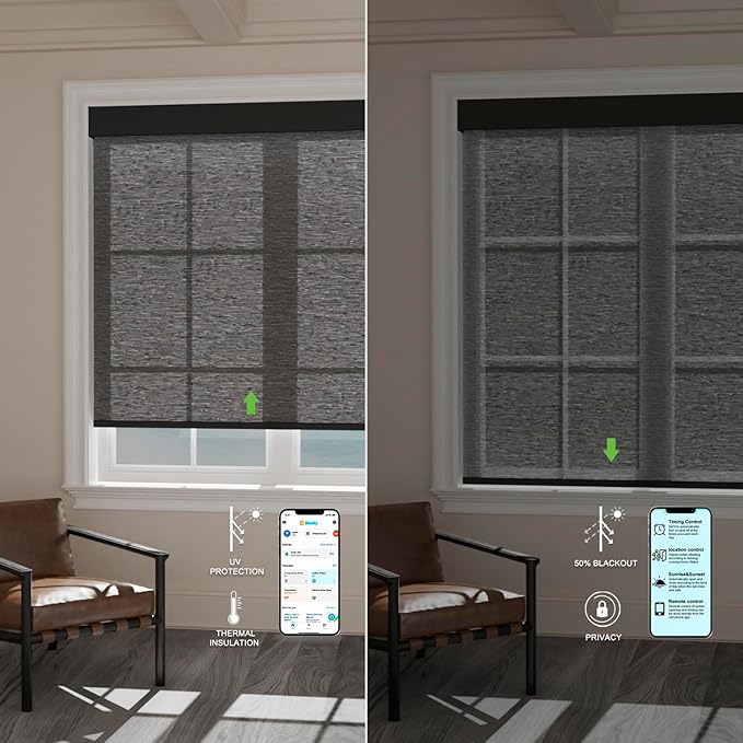 Motorized Blinds with Remote [Light Filtering] Smart Blinds Compatible with Alexa Google HomeKit, 70% Blackout Automatic Roller Shades for Indoor Windows, Customized Size, Linear Eclipse