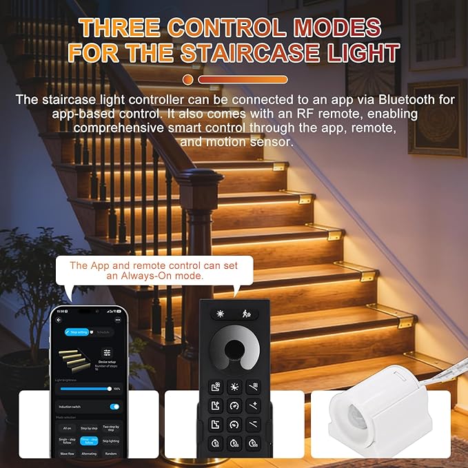 Smart Motion Sensor Staircase LED Strip Lights Kit, Intelligent 16-Step Light Controlled by APP & Remote(Not Include Battery) with 3000K Strips, Ideal for Indoor Stair Light Hallways & Stairs