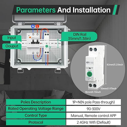 Smart WiFi Switch 110V, din Rail, 1–20A Adjustable, DIY 1P+N Circuit Breaker, 90–300V Wide Voltage for Energy Monitor, Smart Life/Tuya APP Remote Control, Timer Functions, DIN Rail, FCC Certified