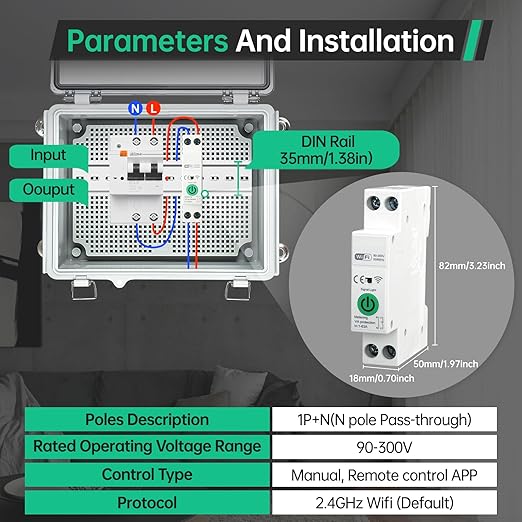 WiFi Smart Switch Breaker, 1-63A Adjustable WiFi Circuit Breaker, Smart Life/Tuya APP Remote Control Switch Timer Monitor Voltage Power Energy Usage, Compatible for Alexa Google Home DIN Rail