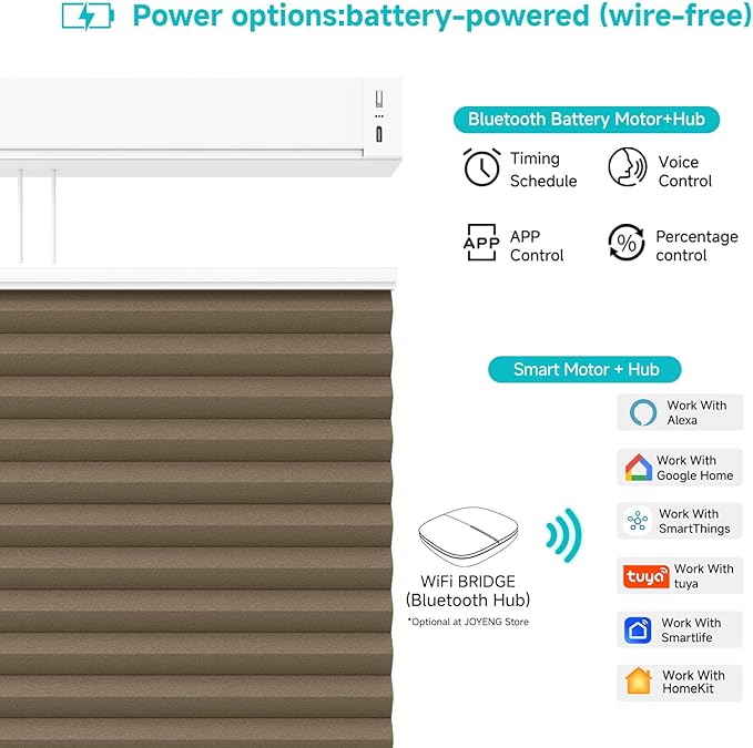 Motorized Top Down Bottom Up Cellular Shades with Remote, Custom Cordless Smart Honeycomb Blinds, Automatic Electric Light Filtering Window Blinds Work with Alexa Google for Home Office, Brown
