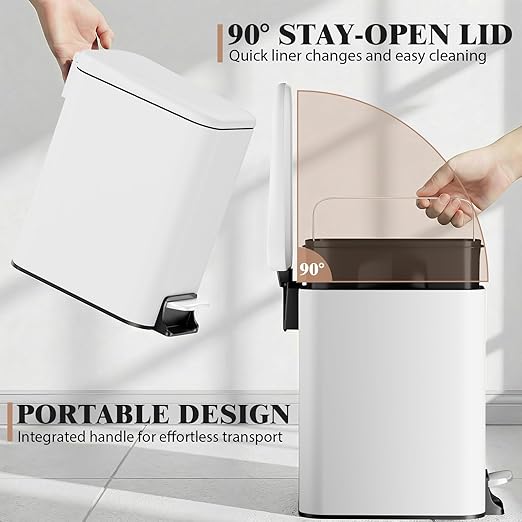 Small Bathroom Trash Can w/Lid Soft Close, 6 Liter/1.6 Gallon Stainless Steel Garbage Can w/Inner Bucket, Trash Bin Waste Basket for Kitchen, Bedroom, Living Room, Office, Toilet, White