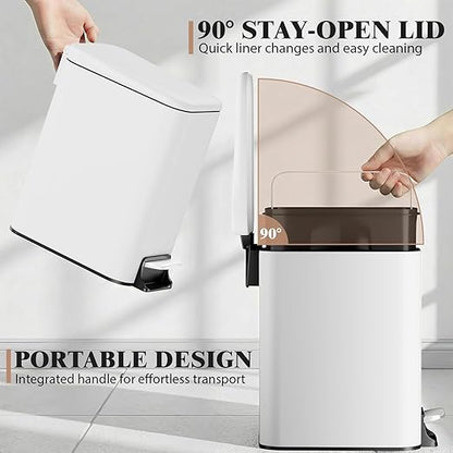 Small Bathroom Trash Can w/Lid Soft Close, 6 Liter/1.6 Gallon Stainless Steel Garbage Can w/Inner Bucket, Trash Bin Waste Basket for Kitchen, Bedroom, Living Room, Office, Toilet, White