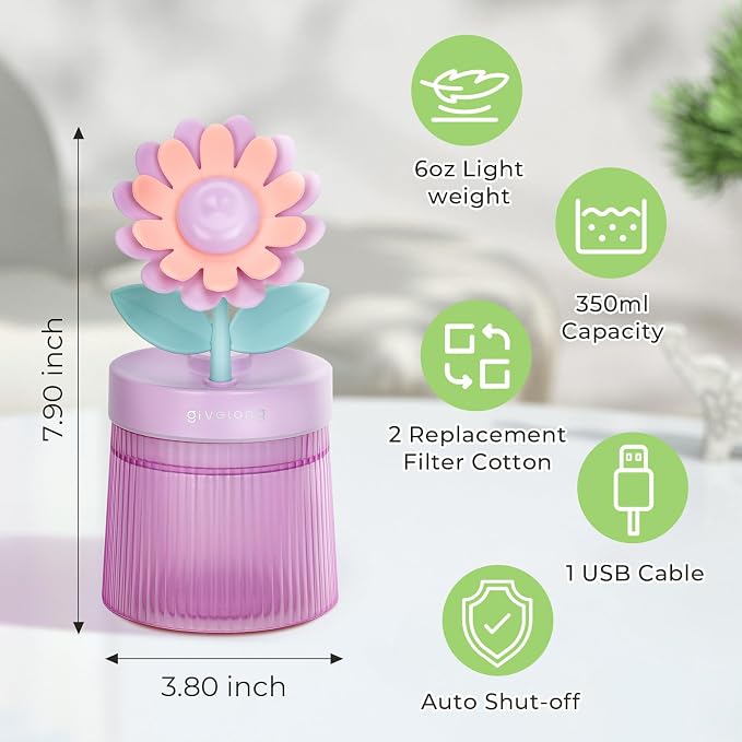 Cute Flower Mini Humidifier, Small Cool Mist Desk Humidifiers, Portable USB Personal Desktop Plant Humidifiers, Cooling for Home Office Car Travel Indoor Outdoor (260ml, Purple Sunflower)