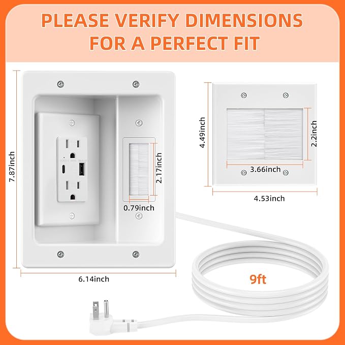 in Wall Cable Management Kit with Brush Wall Plate,AC Outlets & USB-A+USB-C Ports,9ft Cord,Hide Cords Recessed Wall Outlet for TV Cable Management,HDMI Cables and Home Theater Systems