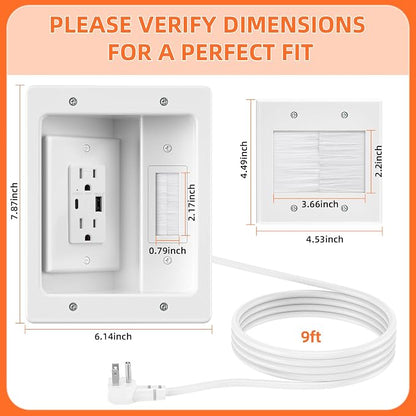 in Wall Cable Management Kit with Brush Wall Plate,AC Outlets & USB-A+USB-C Ports,9ft Cord,Hide Cords Recessed Wall Outlet for TV Cable Management,HDMI Cables and Home Theater Systems