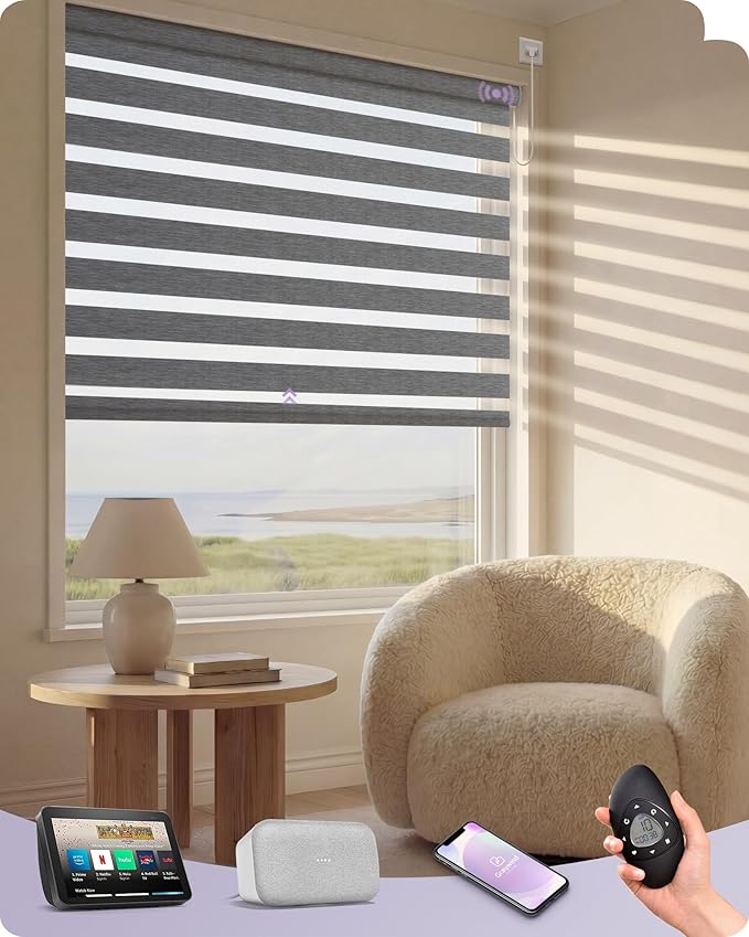 Graywind Motorized Zebra Blinds for Windows, Blackout Hardwired Smart Blinds with Remote Control, Dual Layer Custom Zebra Shades Work with Alexa, Google Home, Apple Homekit, Classic - Grey