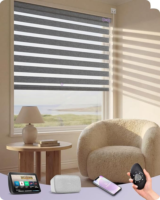 Graywind Motorized Zebra Blinds for Windows, Blackout Hardwired Smart Blinds with Remote Control, Dual Layer Custom Zebra Shades Work with Alexa, Google Home, Apple Homekit, Classic - Grey