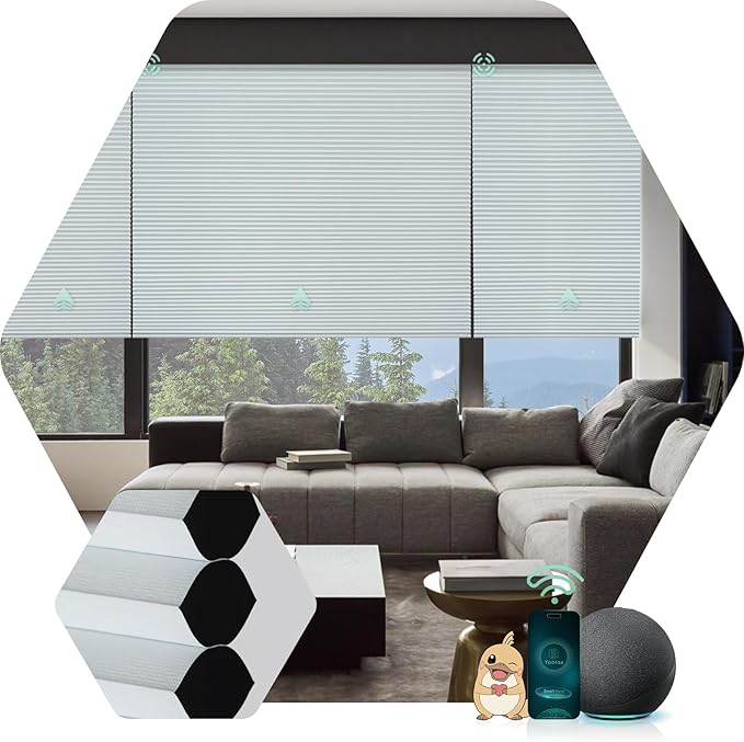 Yoolax Motorized Cellular Shades Compatible with Alexa, Blackout Motorized Blinds with Remote Smart Honeycomb Shades for Indoor Windows, Automatic Blinds Custom Size (Pearl)