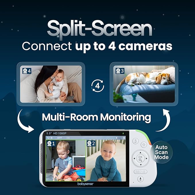 Babysense PRO Full HD 5.5" Split Screen Baby Monitor with Camera and Audio, 6-Color Night Light, White Noise, Sound & Light Machine, 20-Hour Battery, Hack-Proof Non-WiFi Secure Connection