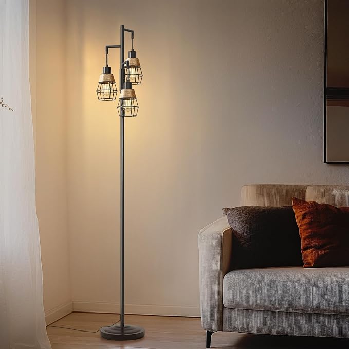 Oneach 70" Floor Lamps for Living Room, Stepless Dimmable Boho Floor Lamp with 3 Bulbs, Tall Farmhouse Industrial Corner Standing Tree Lamp for Bedroom, Office, Study Room, Dining Room, Black