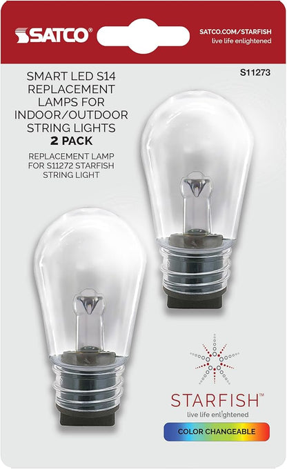 Satco S11273 1W S14 LED Replacement String Light Lamp, RGBW, Starfish IOT, Dimmable, 2700K Warm White and RGBW Color Changing, 26 Lumens, Clear, 4-Pin Base, 12V, Wet Location, 2 Bulbs Card (8 Pack)