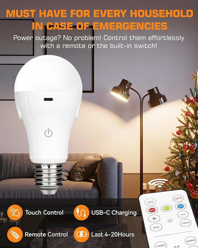 CordlessGlow 15W A19 Rechargeable Light Bulbs with Remote, 3 Color Temperatures + Dimmable Battery Powered Light Bulbs,up to 24 Hours