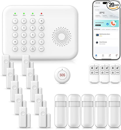 Alarm System for Home Security,20-Piece WiFi+4G Home Alarm DIY Kit,SOS Button,Window Alarms,Remotes,Motion Detectors,Phone App Control,Work with Alexa/Google,NO Monthly Fee for Apartment,Kids Safety