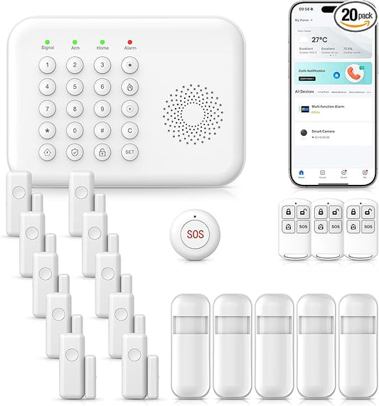 Alarm System for Home Security,20-Piece WiFi+4G Home Alarm DIY Kit,SOS Button,Window Alarms,Remotes,Motion Detectors,Phone App Control,Work with Alexa/Google,NO Monthly Fee for Apartment,Kids Safety