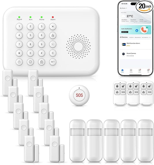 Alarm System for Home Security,20-Piece WiFi+4G Home Alarm DIY Kit,SOS Button,Window Alarms,Remotes,Motion Detectors,Phone App Control,Work with Alexa/Google,NO Monthly Fee for Apartment,Kids Safety