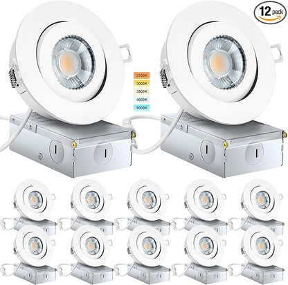 KnLnny Ware Gimbal Recessed Lights 4 Inch 12 Pack, Eyeball Outdoor recessed Lighting with Junction Box,9W 750LM Dimmable ETL Listed, Airtight, 5CCT Selectable