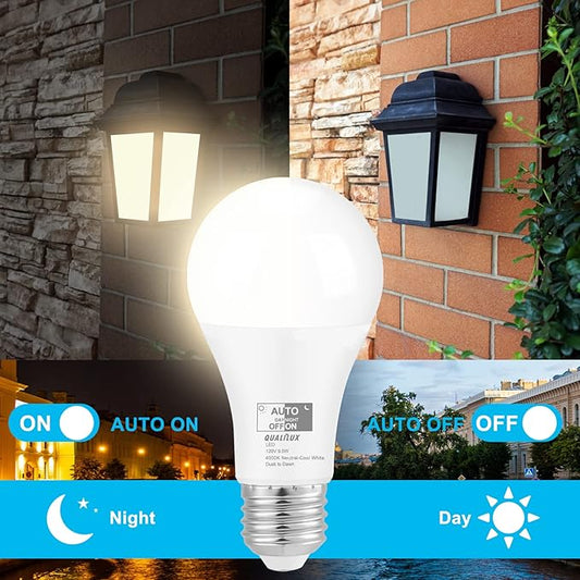 Qualilux Dusk to Dawn Light Bulbs 4000K Cool White Bright White (Neutral White), 850LM, 60W Equivalent, LED 9.5W, A19, E26 Base, 2-Pack, HQ-H013