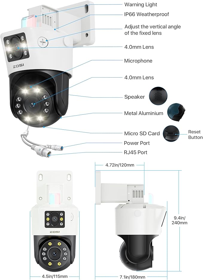 ZOSI 2 x C298 Pro 4K 8MP Dual-Lens(2x4MP) Add-on Security PoE IP Camera Outdoor, 360 View PT Camera, Person/Vehicle Detect, Spotlight Siren, Color Night Vision, SD Card Storage, Only Work with Our NVR