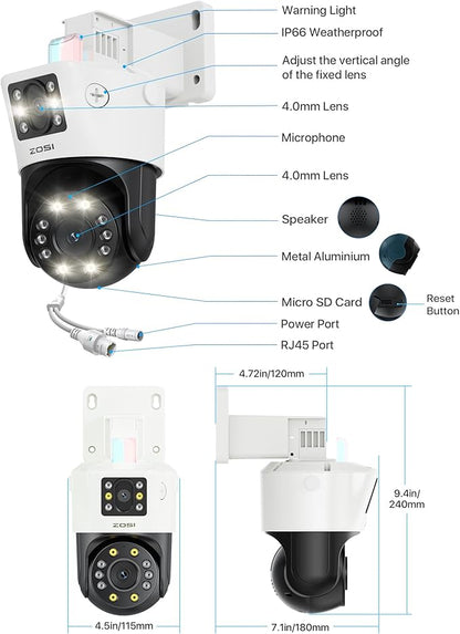 ZOSI 2 x C298 Pro 4K 8MP Dual-Lens(2x4MP) Add-on Security PoE IP Camera Outdoor, 360 View PT Camera, Person/Vehicle Detect, Spotlight Siren, Color Night Vision, SD Card Storage, Only Work with Our NVR