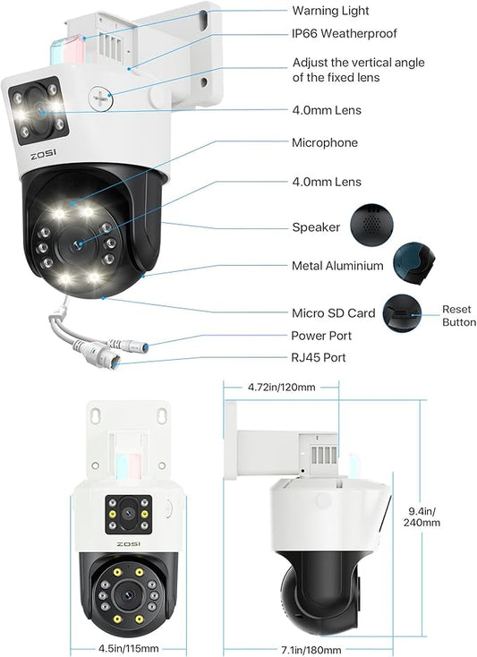 ZOSI 2 x C298 Pro 4K 8MP Dual-Lens(2x4MP) Add-on Security PoE IP Camera Outdoor, 360 View PT Camera, Person/Vehicle Detect, Spotlight Siren, Color Night Vision, SD Card Storage, Only Work with Our NVR