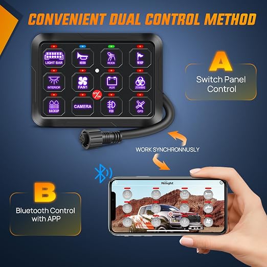 Nilight 12 Gang Switch Panel Relay System w/APP Control Automatic Dimmable | RGB Backlight Panel Circuit Control Fuse Wiring Harness ON Off LED Switches Pod for 12V 24V Cars Trucks Campers SUV