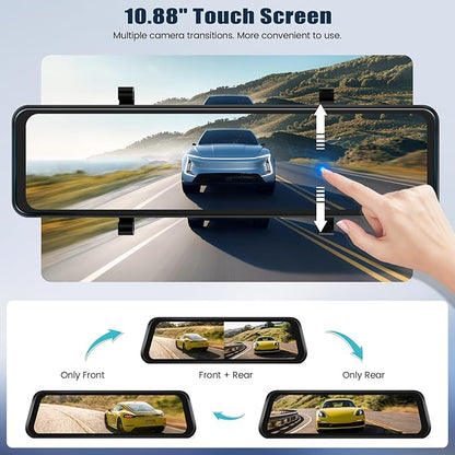 10.88 Inch Mirror Dash Cam,4K Touchscreen Rear View Mirror Front and Rear View Dual Cameras,Night Vision,G-Sensor,APP Control,Motion Detection,Loop Recording,Parking Assistance,Parking Monitor