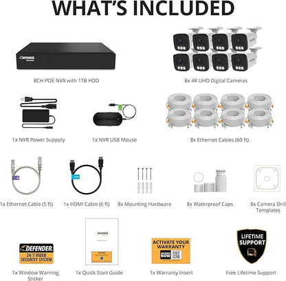 Defender AI Powered Sentinel 4K 8CH PoeE Security Camera System, 8pcs NVR Metal Outdoor Surveillance Cameras, 1TB HDD, SMART AI Human Detection, Blue/Red Lights, Works w/Empower App