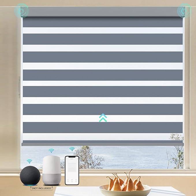 MING CHEN Motorized Blinds with Remote,Built-in Rechargeable Smart Window Blinds, Custom Size Electric Zebra Blinds Compatible with Alexa Google (95% Shading Luxurious Grey)