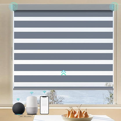 MING CHEN Motorized Blinds with Remote,Built-in Rechargeable Smart Window Blinds, Custom Size Electric Zebra Blinds Compatible with Alexa Google (95% Shading Luxurious Grey)