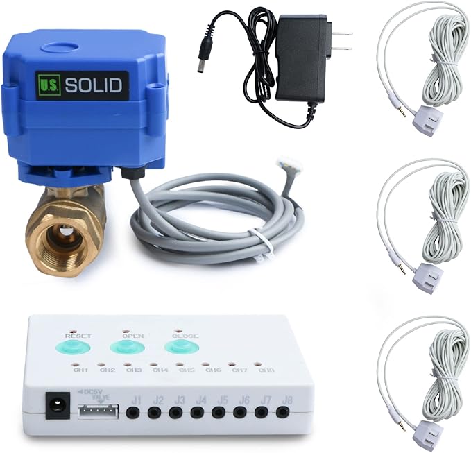 U.S. Solid Water Leak Detector with Auto Shutoff Valve, Sound Alarm, 1" Motorized Brass Ball Valve System & 3 Sensors, Home Flood Prevention & Water Damage Defense for Basement, Laundry, Water Heater