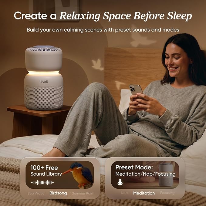 LEVOIT Air Purifier for Home Bedroom with HEPA Filter, White Noise Sound Machine and Blue Light-Safe Night Light Support Better Sleep, AHAM VERIFIDE, 5 Air Quality Monitor, Smart WiFi, Sprout | HEPA Filter, White Noise Sound Machine, Blue Light-Safe Ni...