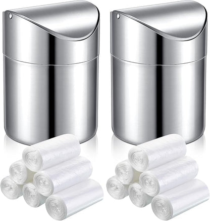2 Pcs Desk Trash Can with Swing Lids, 12 Rolls of Trash Bags, 2L Brushed Stainless Steel Countertop Garbage Bin Small Wastebasket with Lid for Office Desk, Coffee Table(Silver)