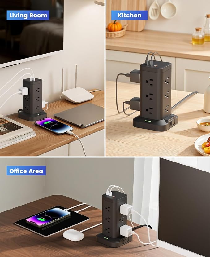 Power Strip Tower with Surge Protector 1800J, Fast Charging Tower PD20W USB-C Ports with 12 AC Outlets, Extension Cord for Home Office Dorm Room, 9.8ft, Black