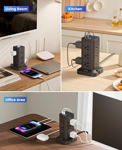 Power Strip Tower with Surge Protector 1800J, Fast Charging Tower PD20W USB-C Ports with 12 AC Outlets, Extension Cord for Home Office Dorm Room, 9.8ft, Black