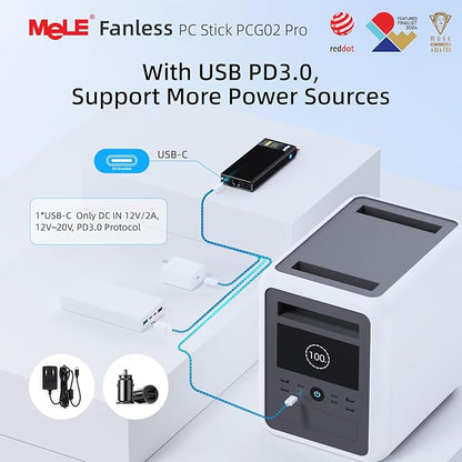 MeLE PCG02 Pro Fanless N100 Mini PC Stick 8GB LPDDR4x 128GB eMMC Win11pro Slim Micro Computer Stick Dual HDMI 4K Display WiFi 5 BT5.1 GbE, Support PD3.0 Protocol, on IoT, Digital Signage, MES, WMS